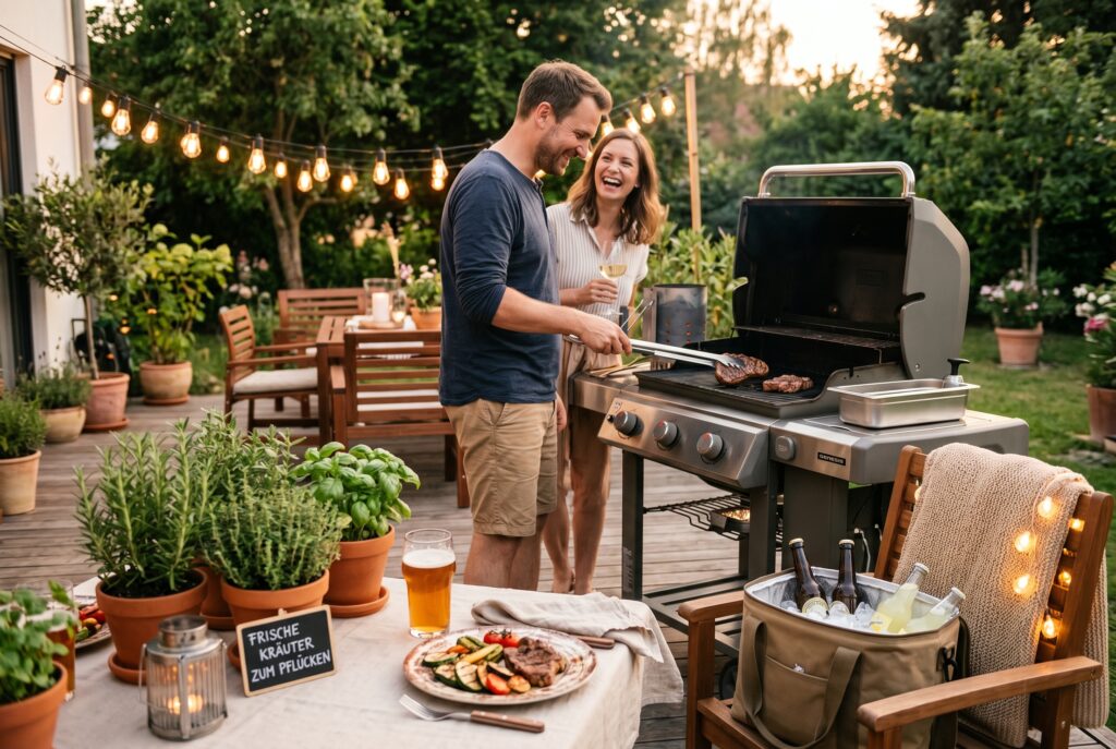 Grillabend Essentials – gedeckter Tisch auf der Terrasse mit Lichterkette und Grillzubehör