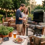 Grillabend Essentials – gedeckter Tisch auf der Terrasse mit Lichterkette und Grillzubehör